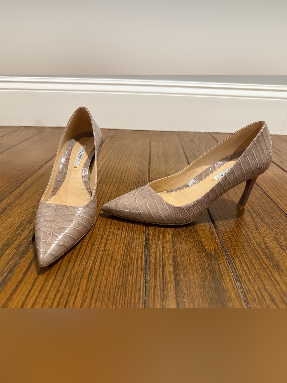 MMLafleur Taupe Croc-Embossed Pointed Toe Pumps, Sz 39